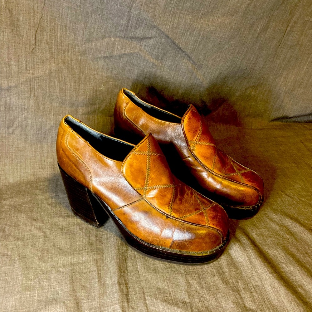 Vintage Patchwork Platform Loafers. Leather upper